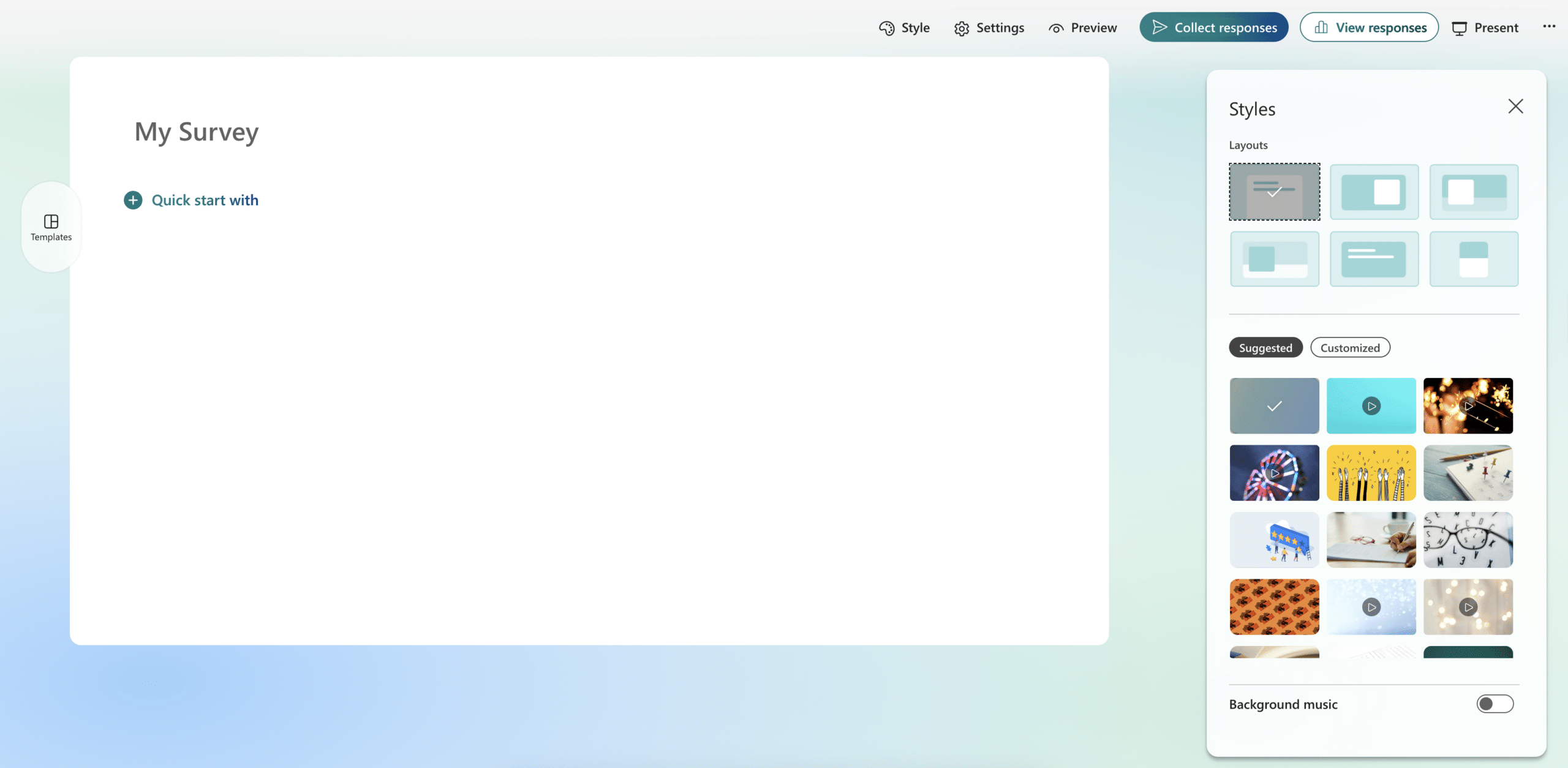 Page depicting choose the "style" of your Microsoft survey